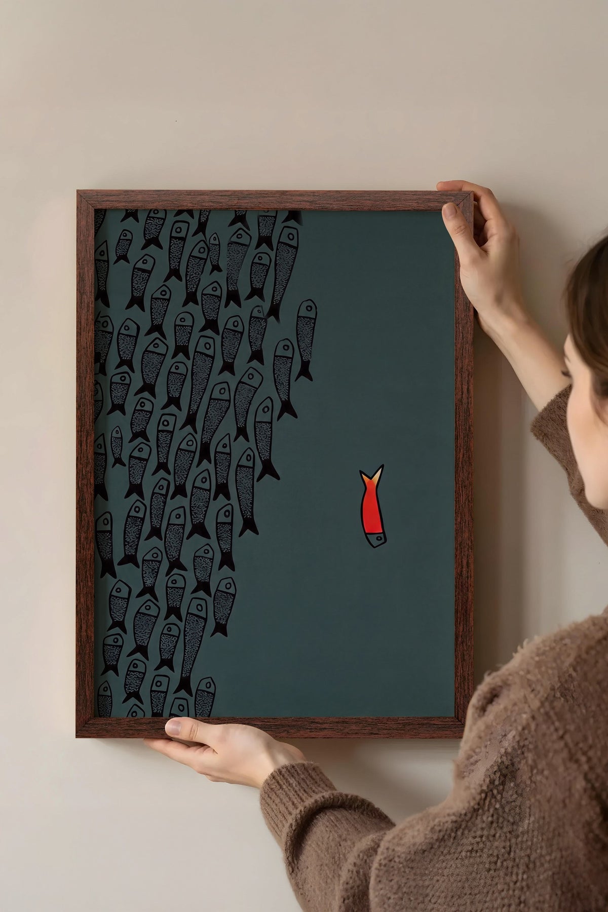 Farklı Renkli Balık İllüstrasyonu Poster – Kahverengi Çerçeveli Tablo
