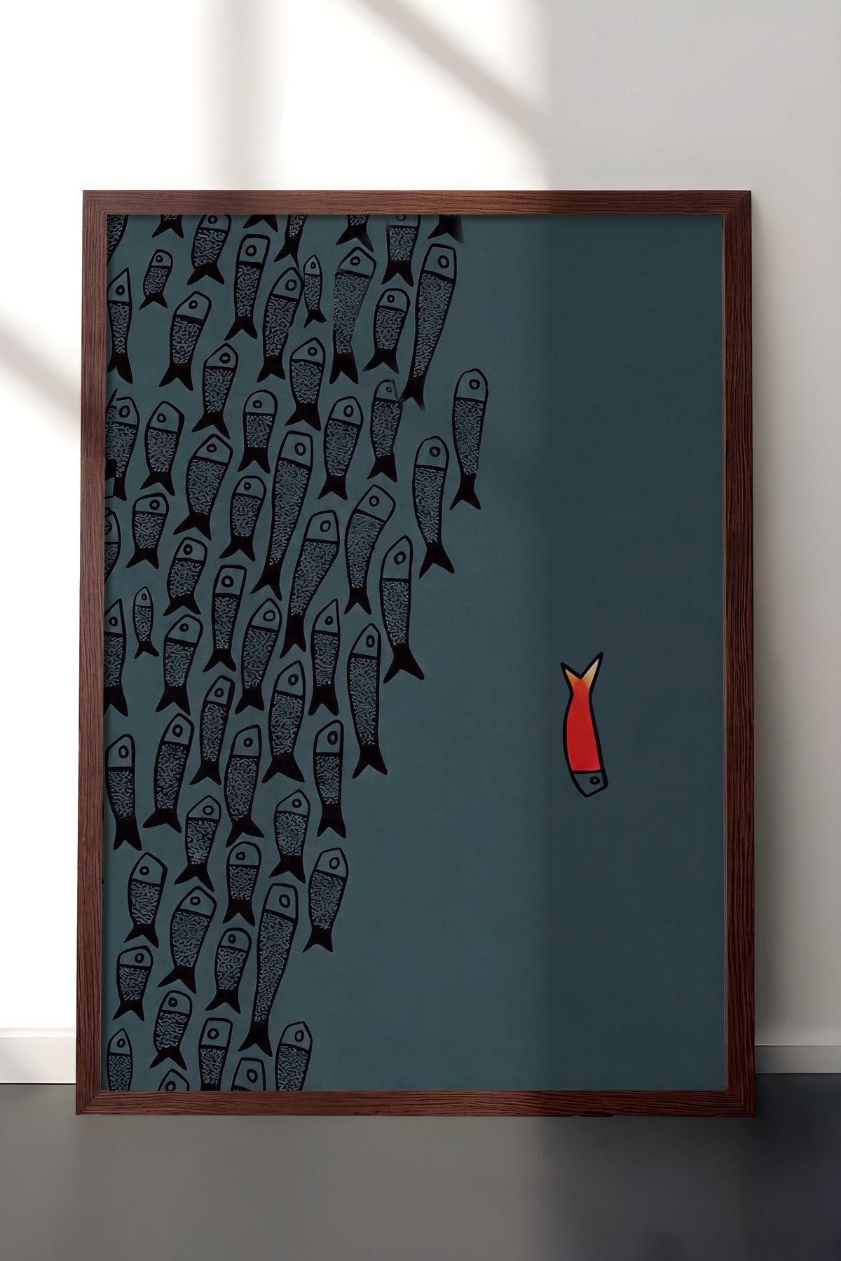 Farklı Renkli Balık İllüstrasyonu Poster – Kahverengi Çerçeveli Tablo