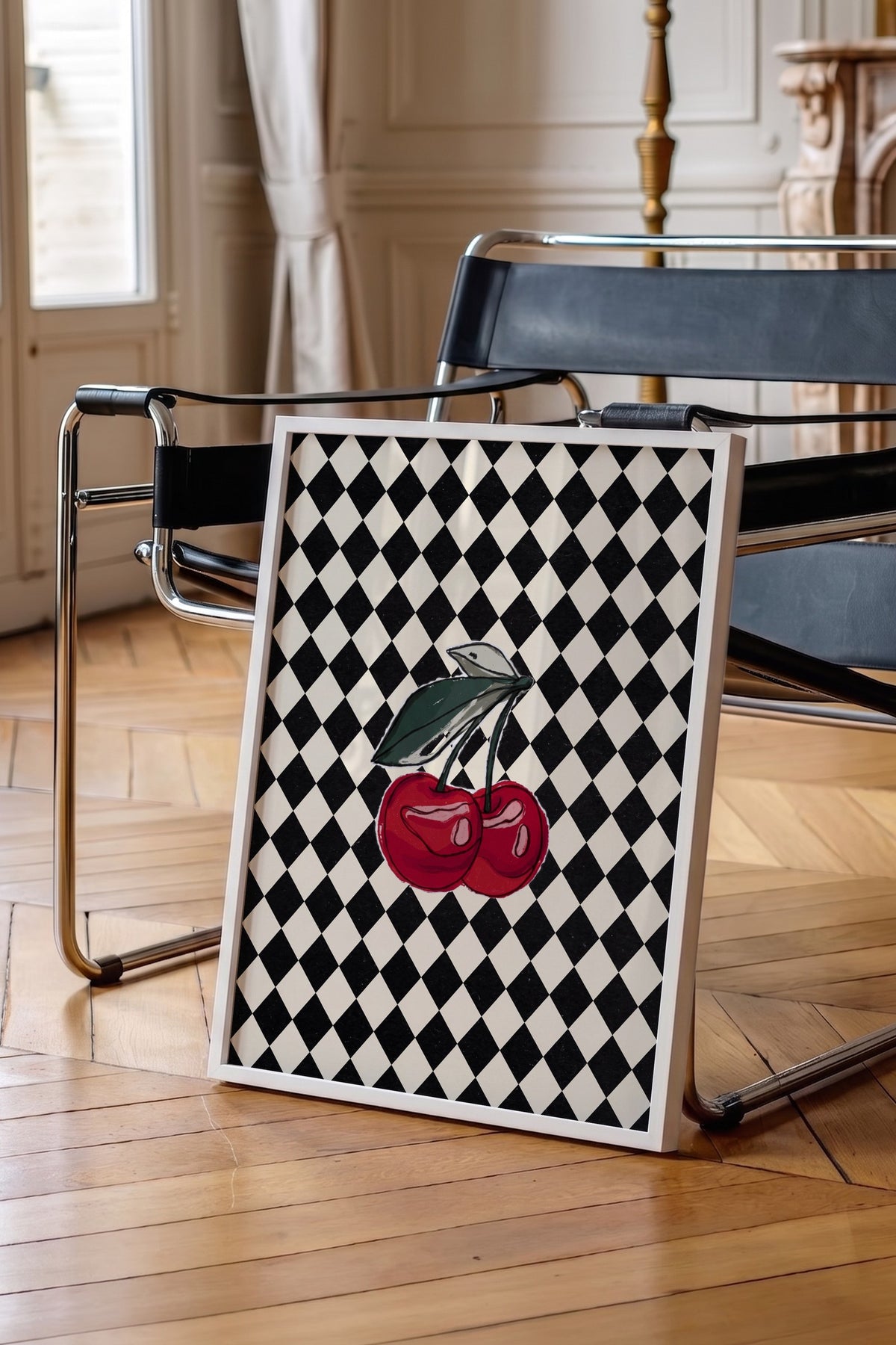 Kareli Zemin Üzerinde İki Kiraz Poster – Beyaz Çerçeveli Tablo