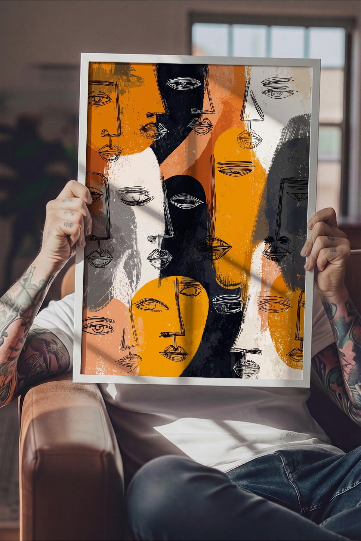 Ekspresif Yüz Çizimleri Poster – Beyaz Çerçeveli Tablo