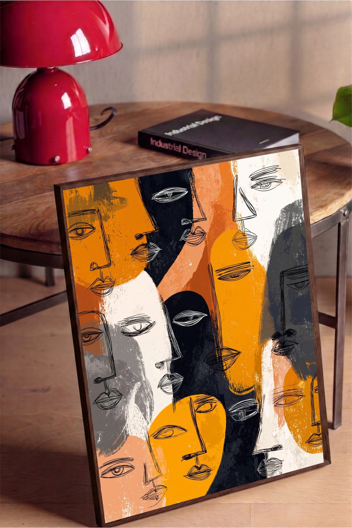 Ekspresif Yüz Çizimleri Poster – Kahverengi Çerçeveli Tablo