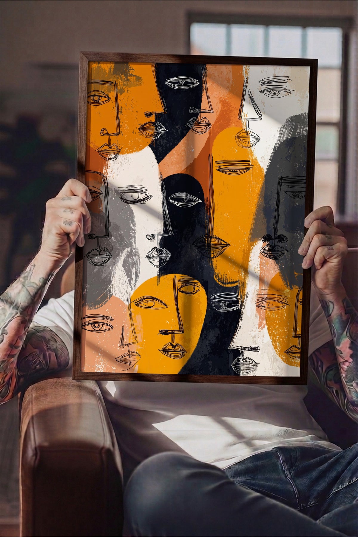 Ekspresif Yüz Çizimleri Poster – Kahverengi Çerçeveli Tablo