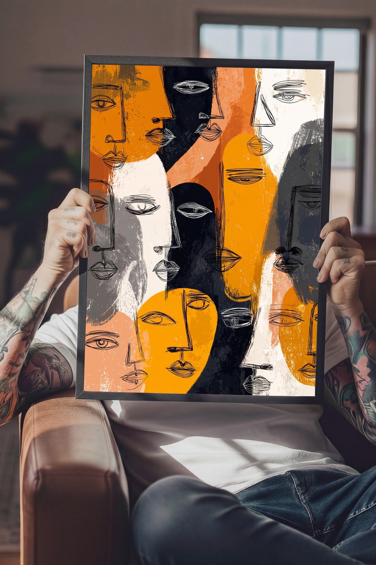 Ekspresif Yüz Çizimleri Poster – Siyah Çerçeveli Tablo