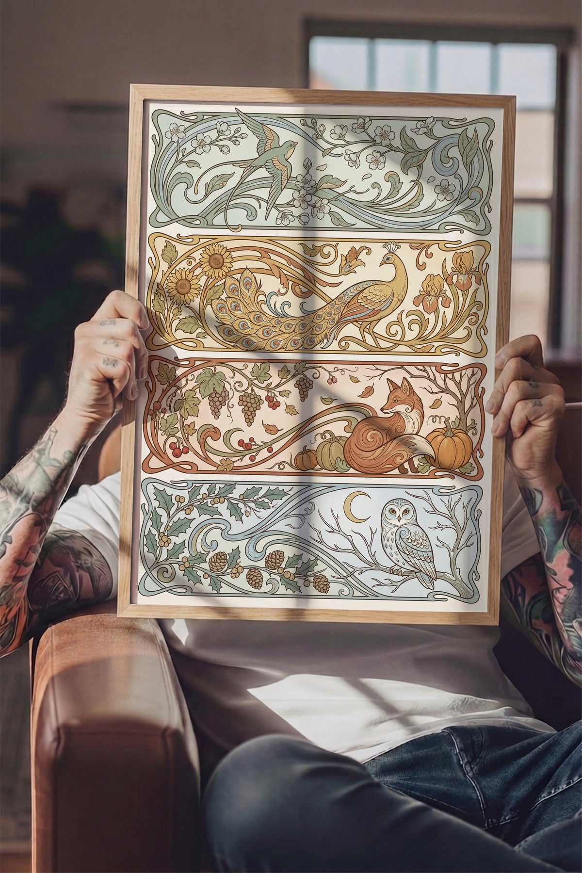 Dört Mevsim Temalı Hayvan İllüstrasyonu Poster – Ahşap Çerçeveli Tablo