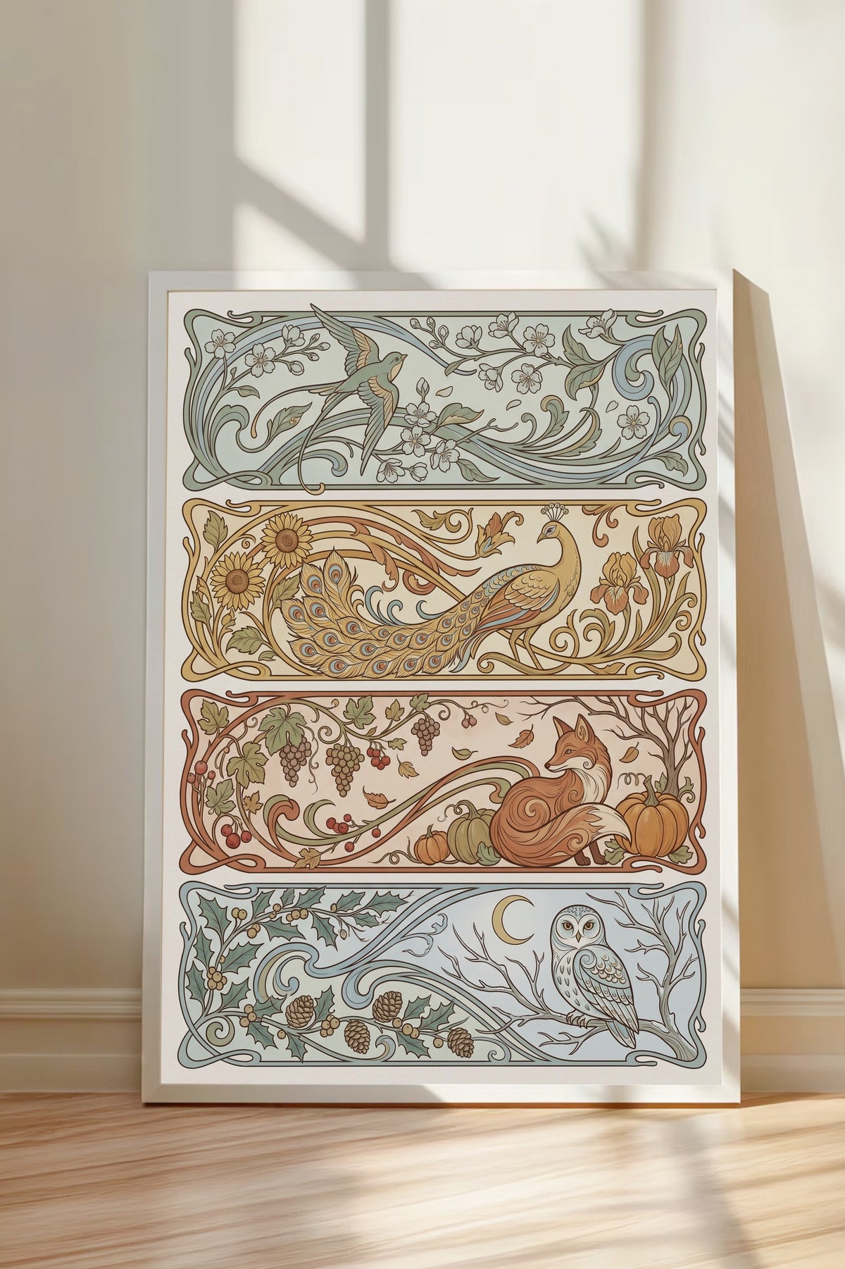 Dört Mevsim Temalı Hayvan İllüstrasyonu Poster – Beyaz Çerçeveli Tablo