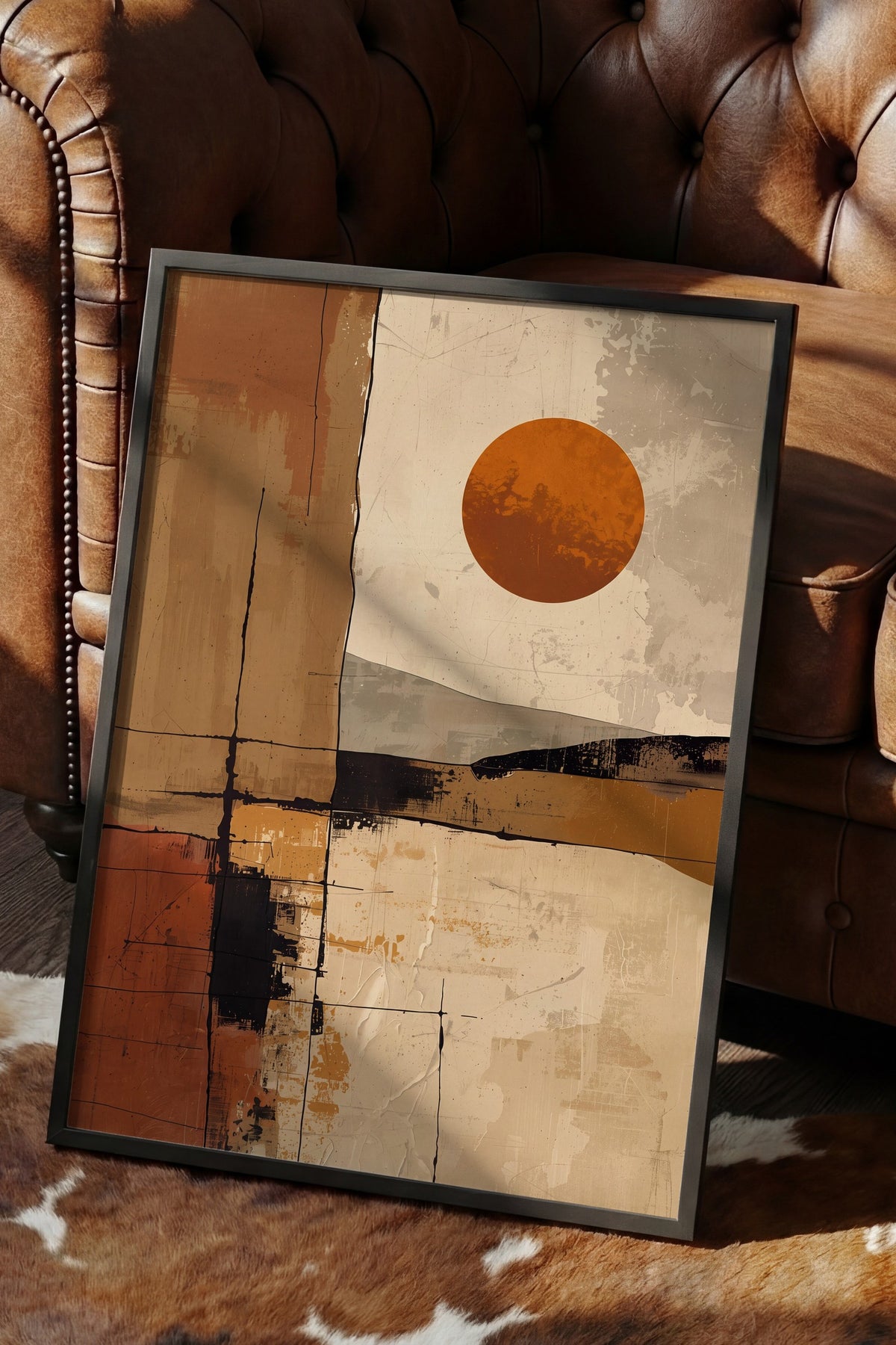 Soyut Geometrik Güneş Poster – Siyah Çerçeveli Tablo