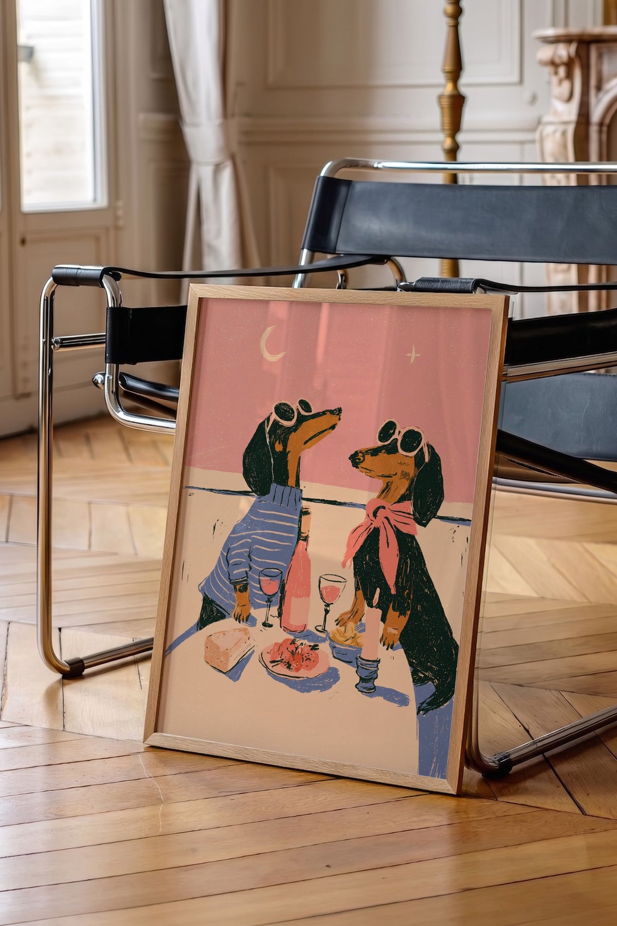 Romantik Akşam Yemeği Yiyen Köpekler Poster – Ahşap Çerçeveli Tablo