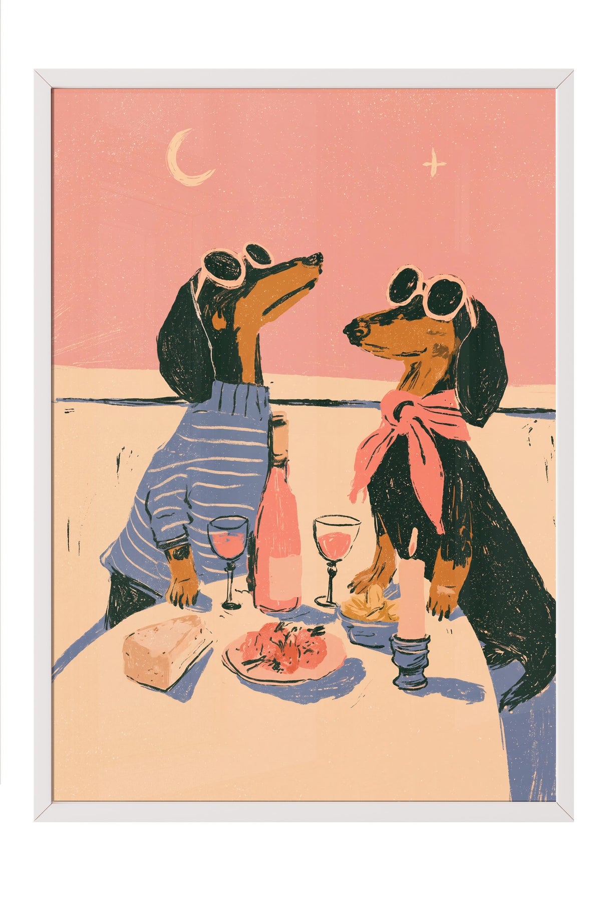 Romantik Akşam Yemeği Yiyen Köpekler Poster – Beyaz Çerçeveli Tablo