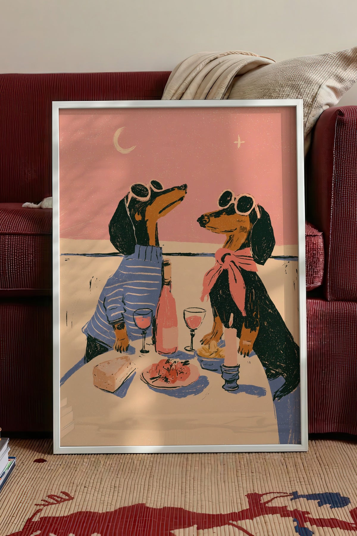 Romantik Akşam Yemeği Yiyen Köpekler Poster – Beyaz Çerçeveli Tablo