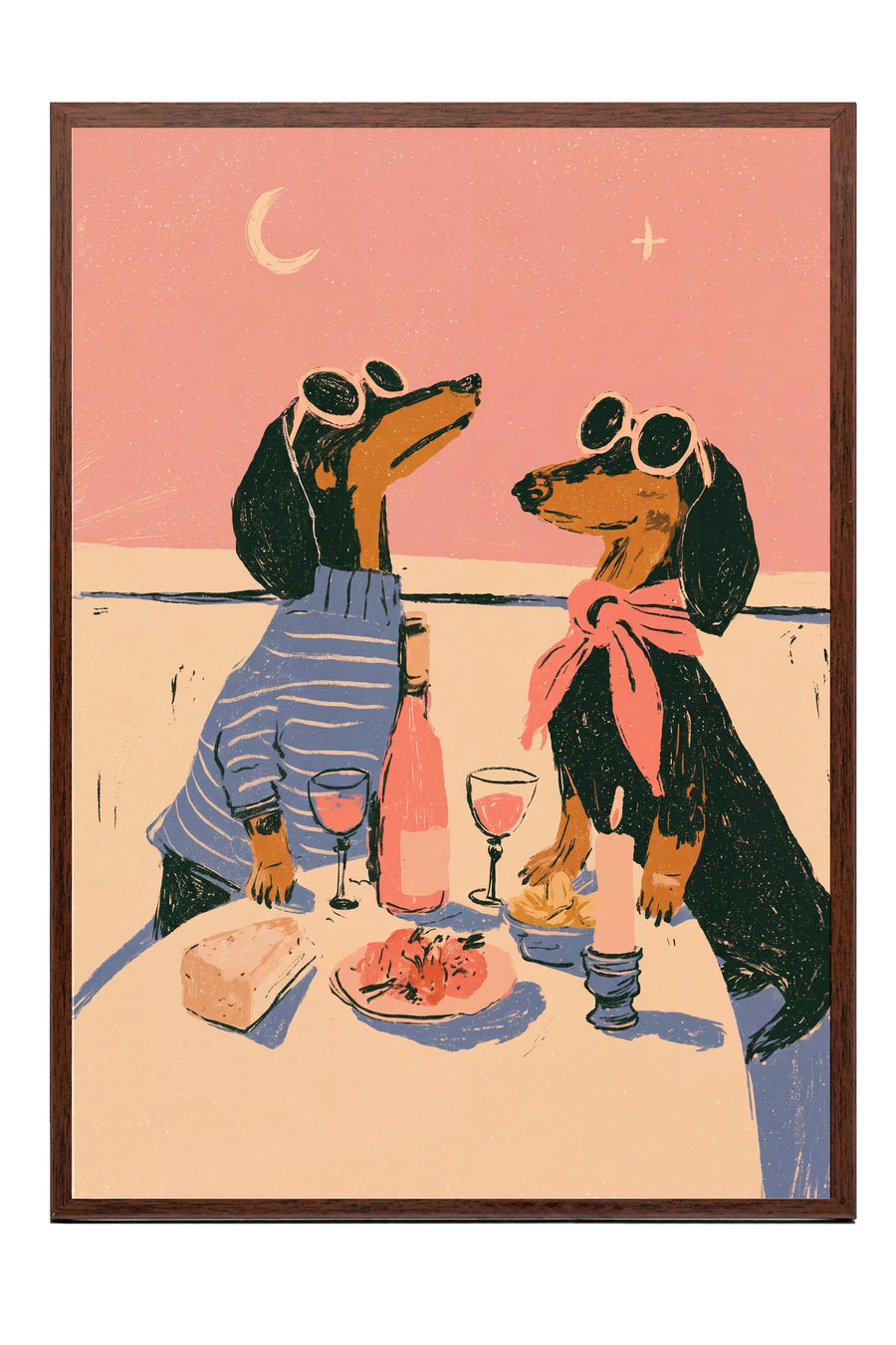 Romantik Akşam Yemeği Yiyen Köpekler Poster – Kahverengi Çerçeveli Tablo