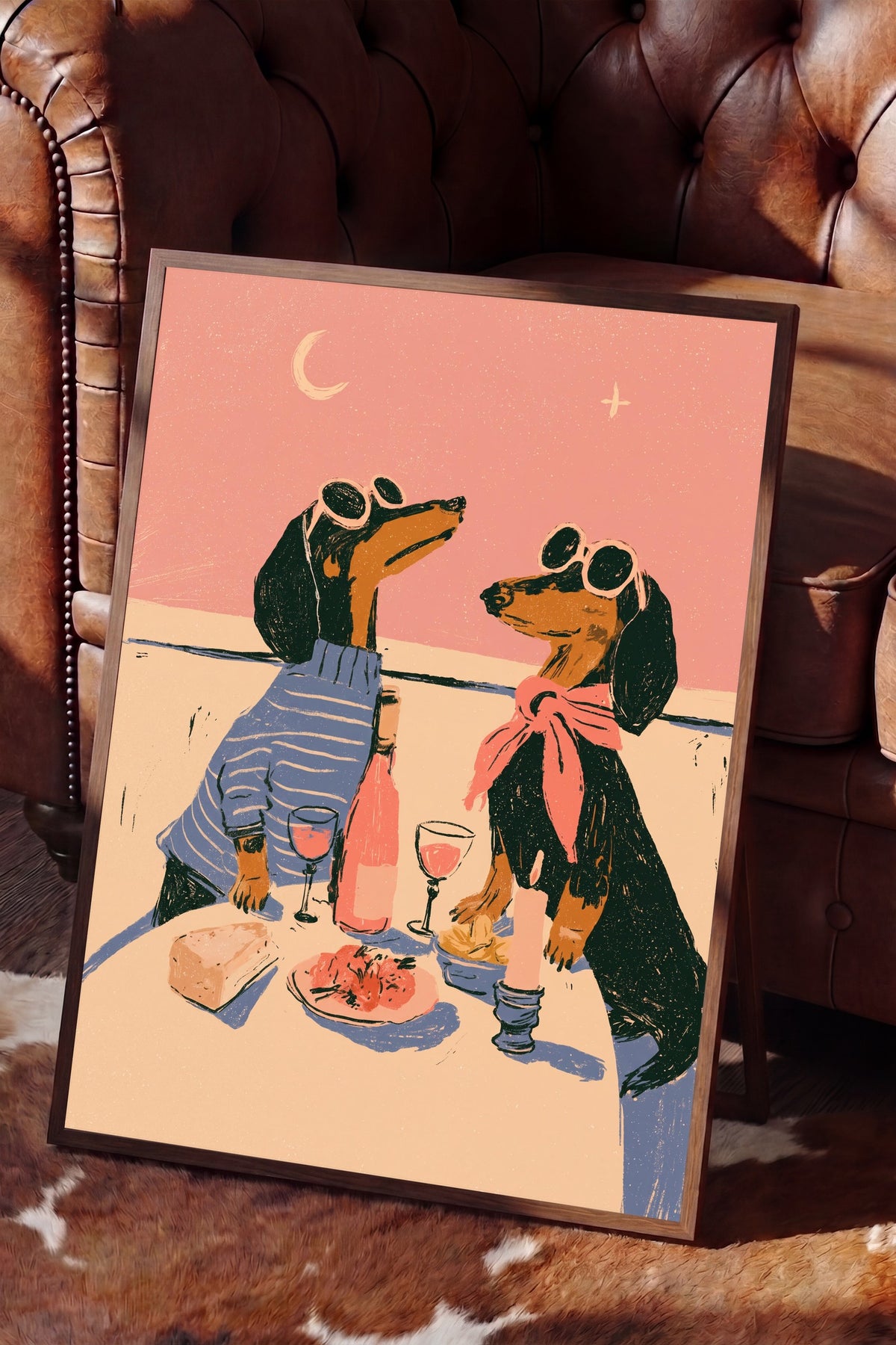 Romantik Akşam Yemeği Yiyen Köpekler Poster – Kahverengi Çerçeveli Tablo