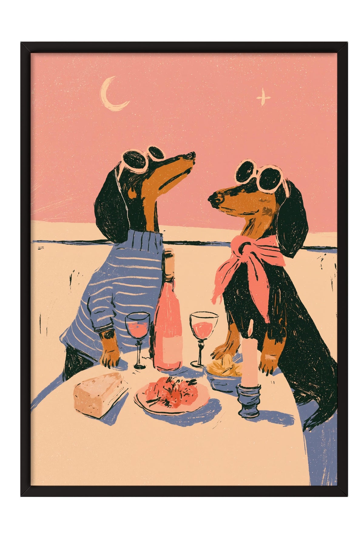 Romantik Akşam Yemeği Yiyen Köpekler Poster – Siyah Çerçeveli Tablo