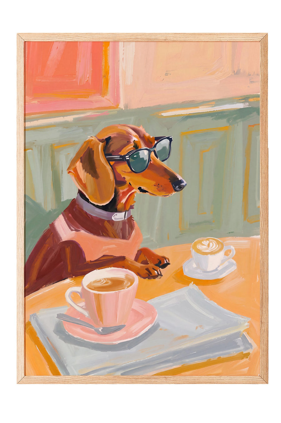 Gözlükle Kahve İçen Köpek Poster – Ahşap Çerçeveli Tablo