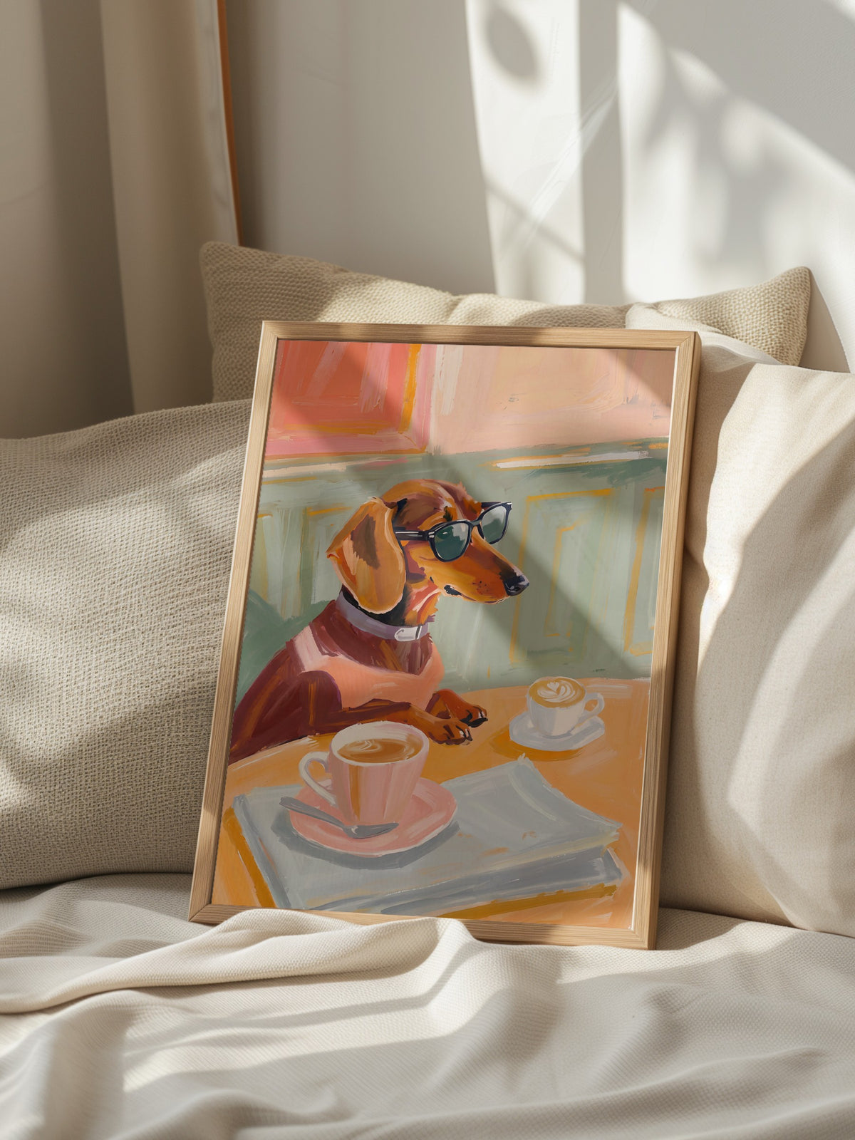 Gözlükle Kahve İçen Köpek Poster – Ahşap Çerçeveli Tablo