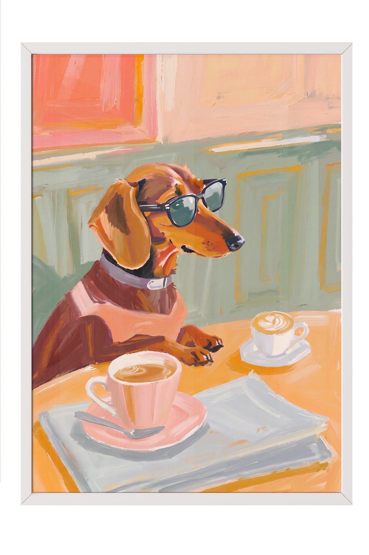 Gözlükle Kahve İçen Köpek Poster – Beyaz Çerçeveli Tablo
