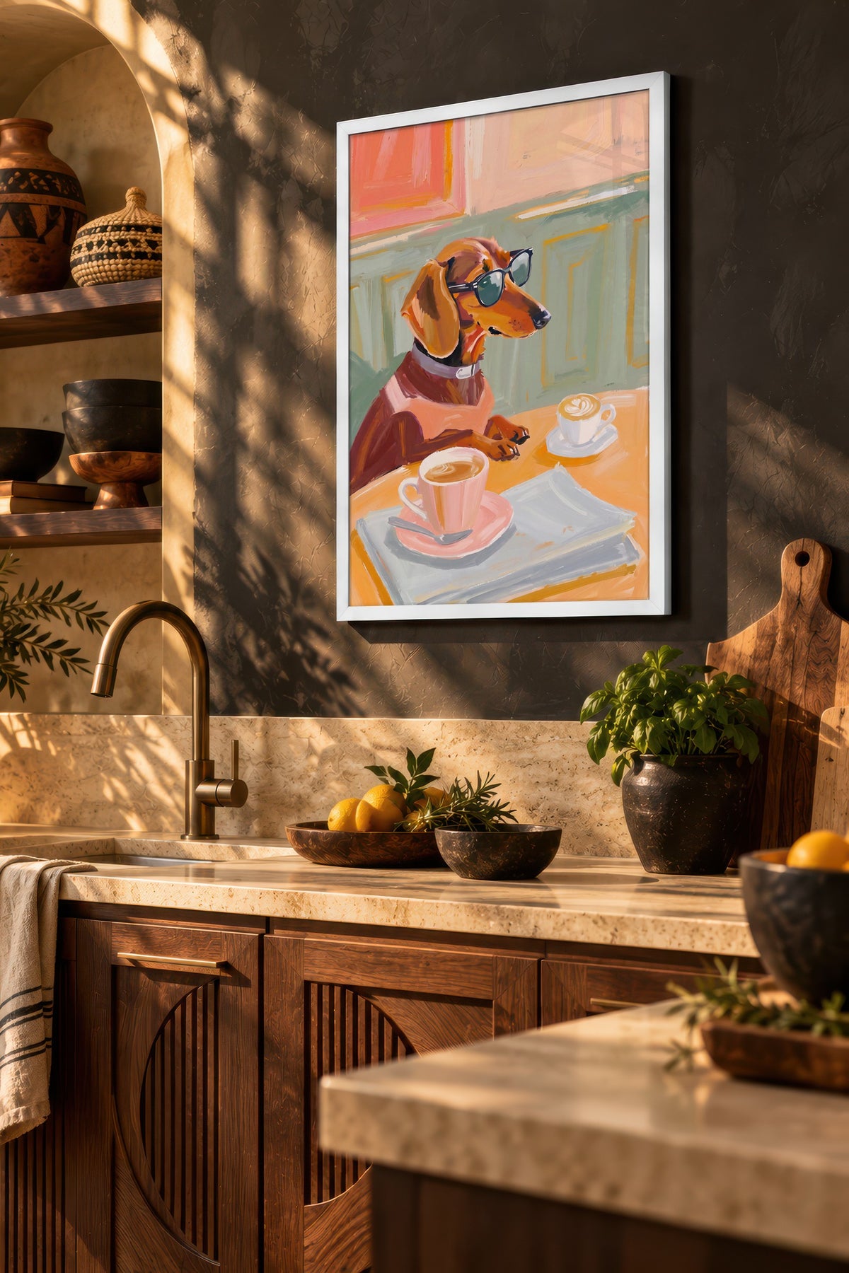 Gözlükle Kahve İçen Köpek Poster – Beyaz Çerçeveli Tablo