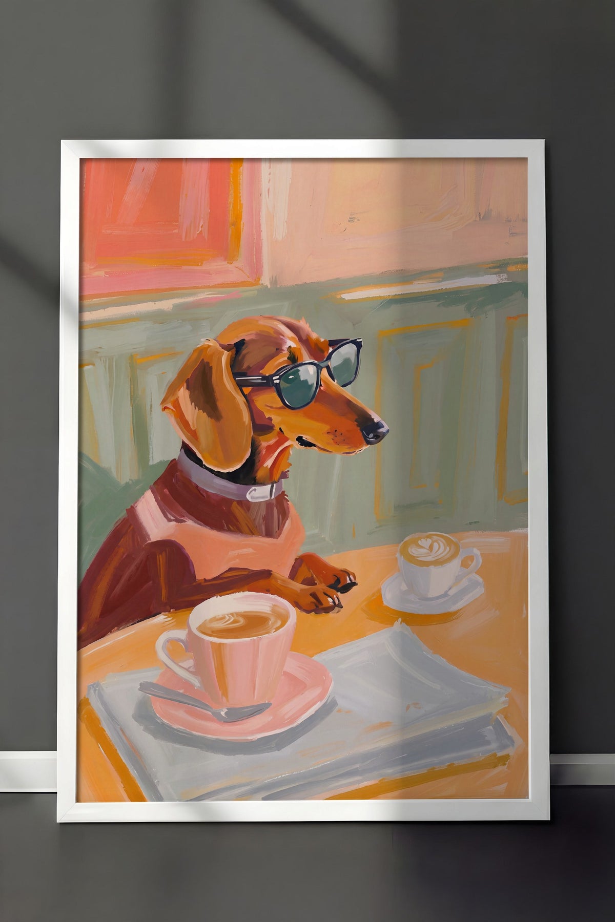 Gözlükle Kahve İçen Köpek Poster – Beyaz Çerçeveli Tablo