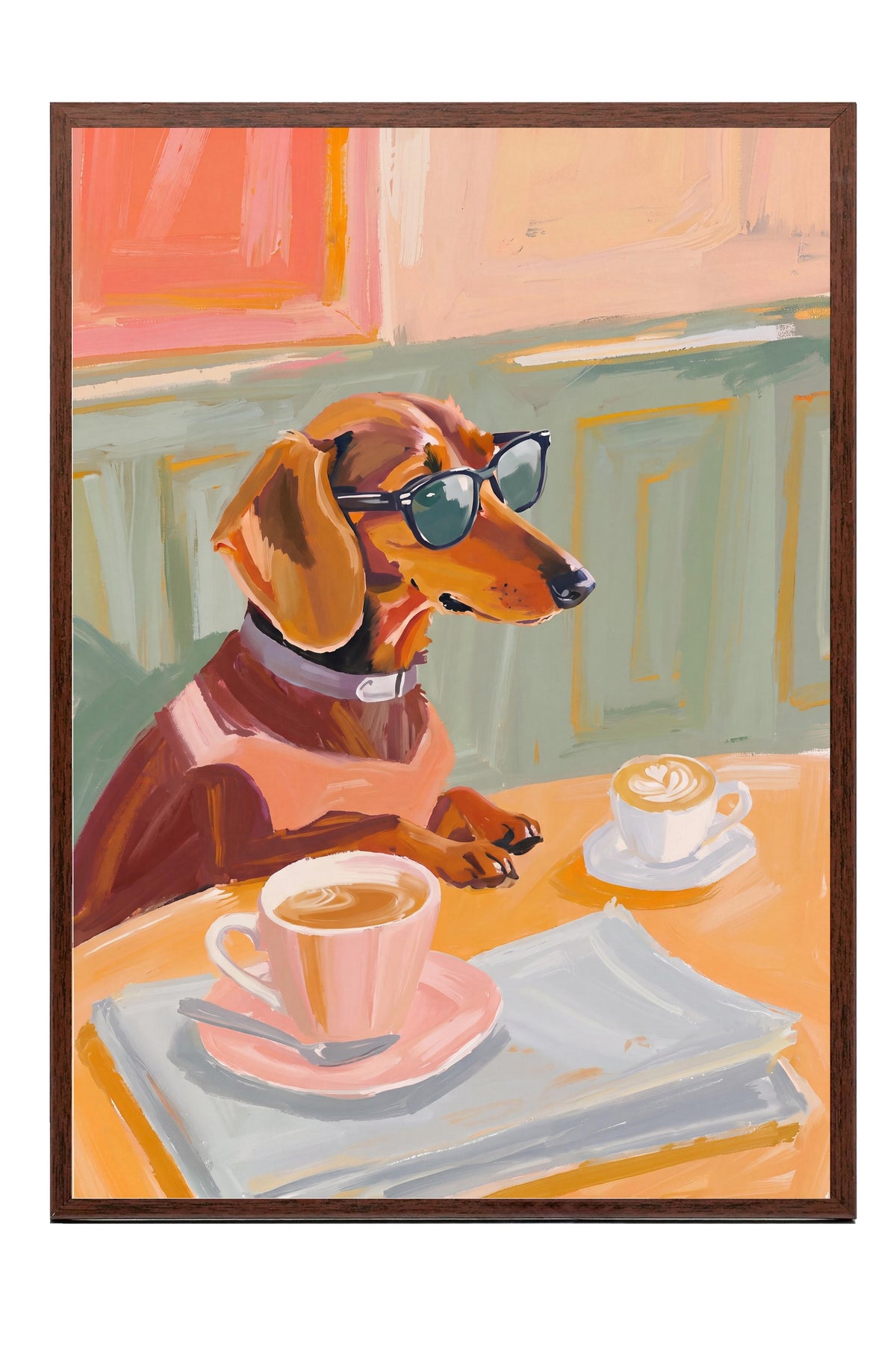 Gözlükle Kahve İçen Köpek Poster – Kahverengi Çerçeveli Tablo