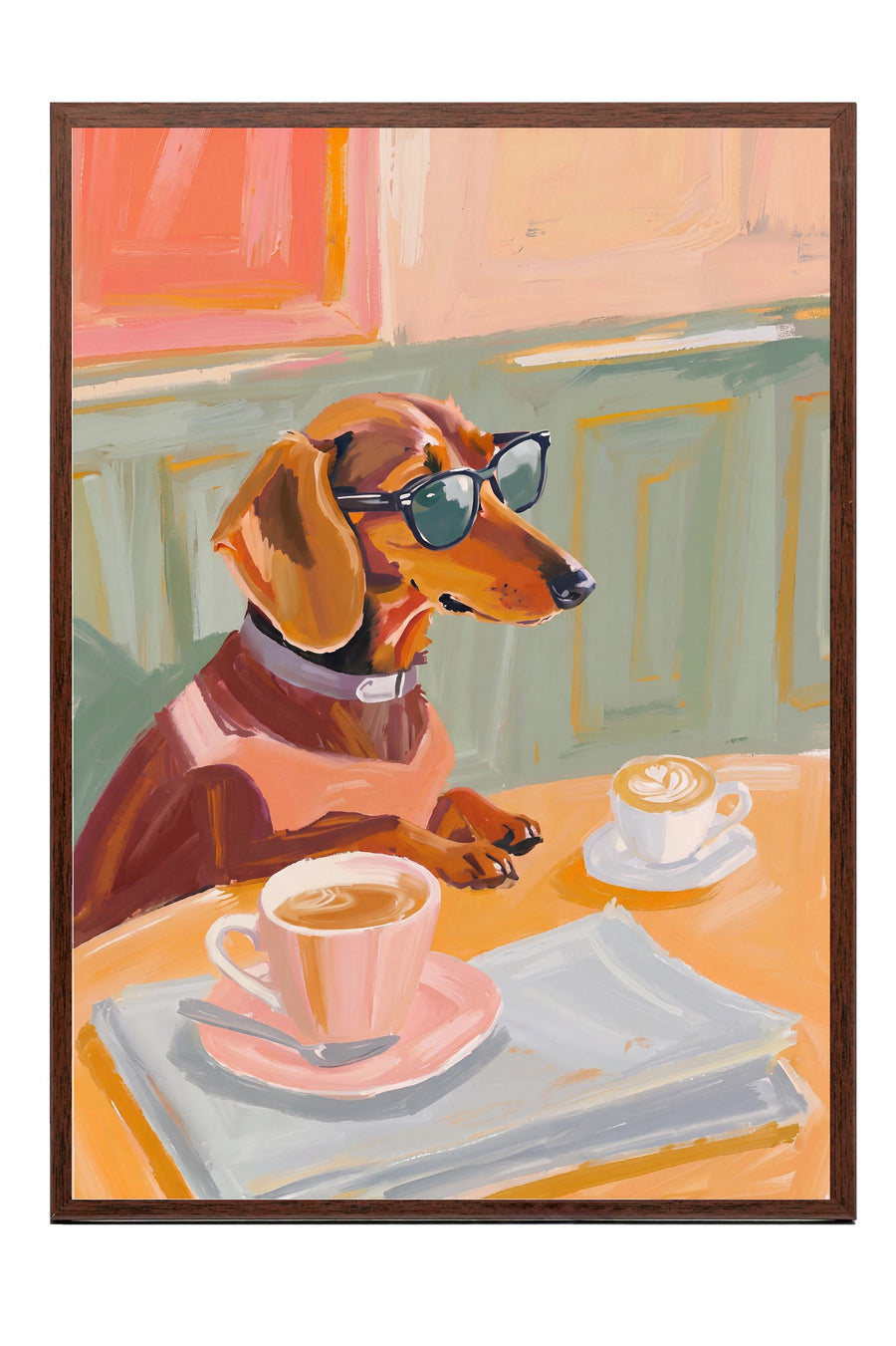 Gözlükle Kahve İçen Köpek Poster – Kahverengi Çerçeveli Tablo