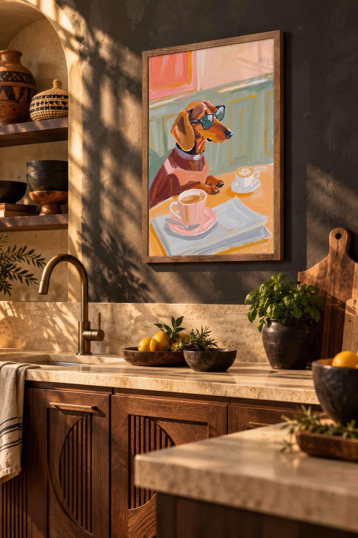 Gözlükle Kahve İçen Köpek Poster – Kahverengi Çerçeveli Tablo