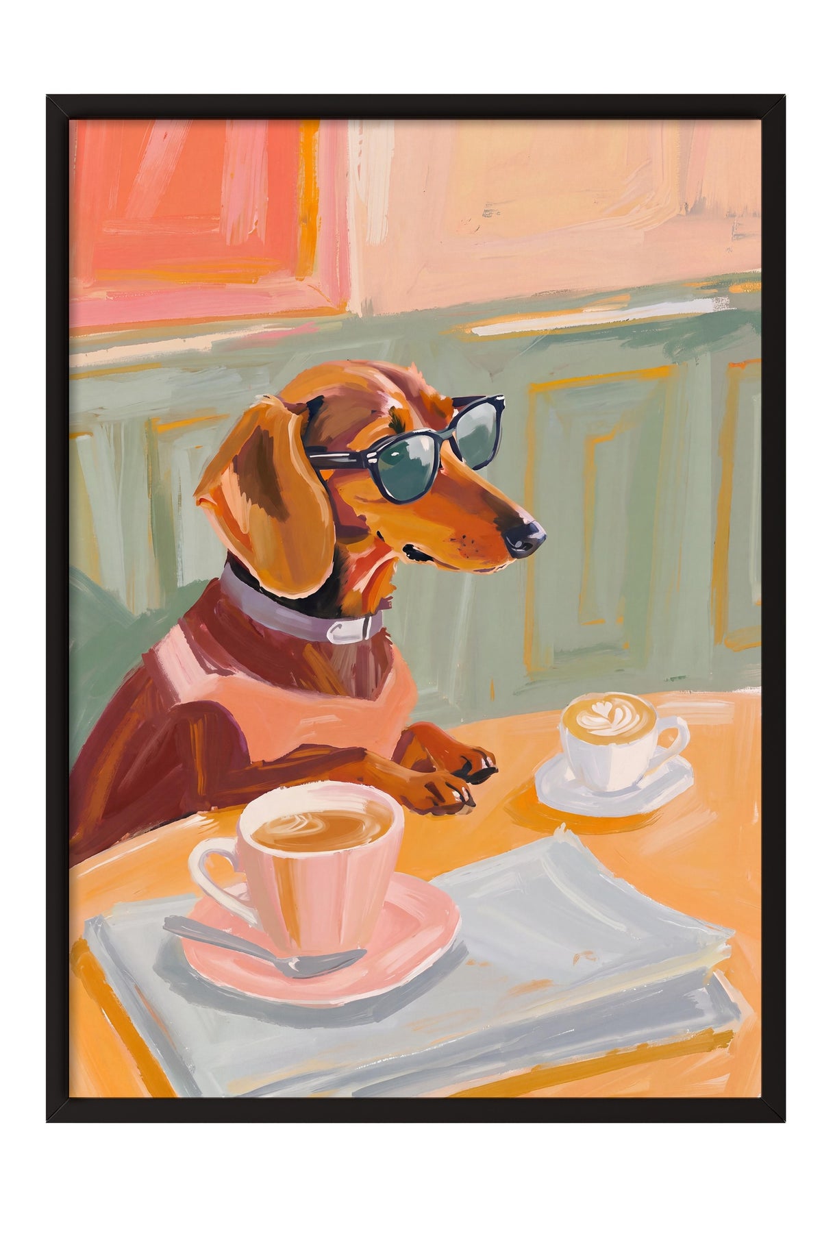 Gözlükle Kahve İçen Köpek Poster – Siyah Çerçeveli Tablo