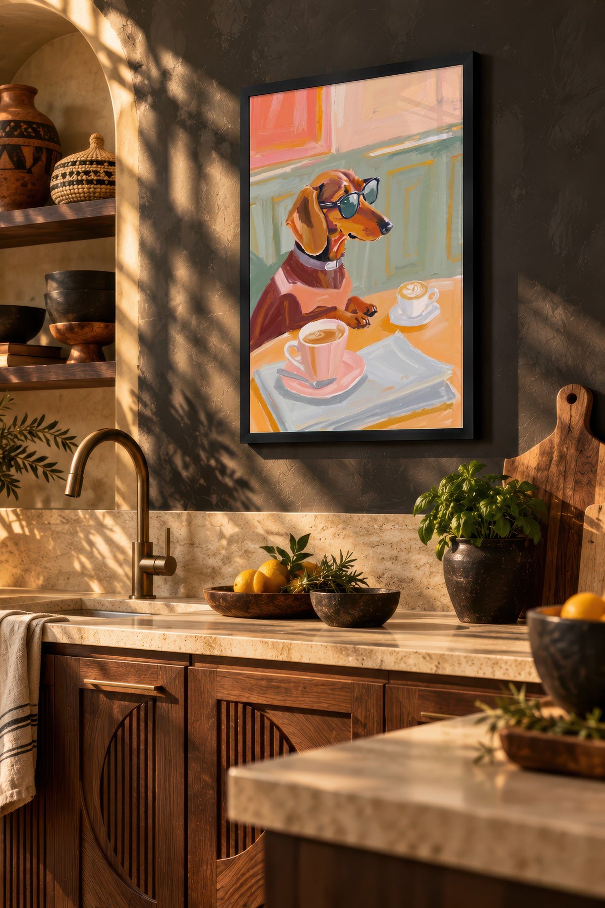 Gözlükle Kahve İçen Köpek Poster – Siyah Çerçeveli Tablo