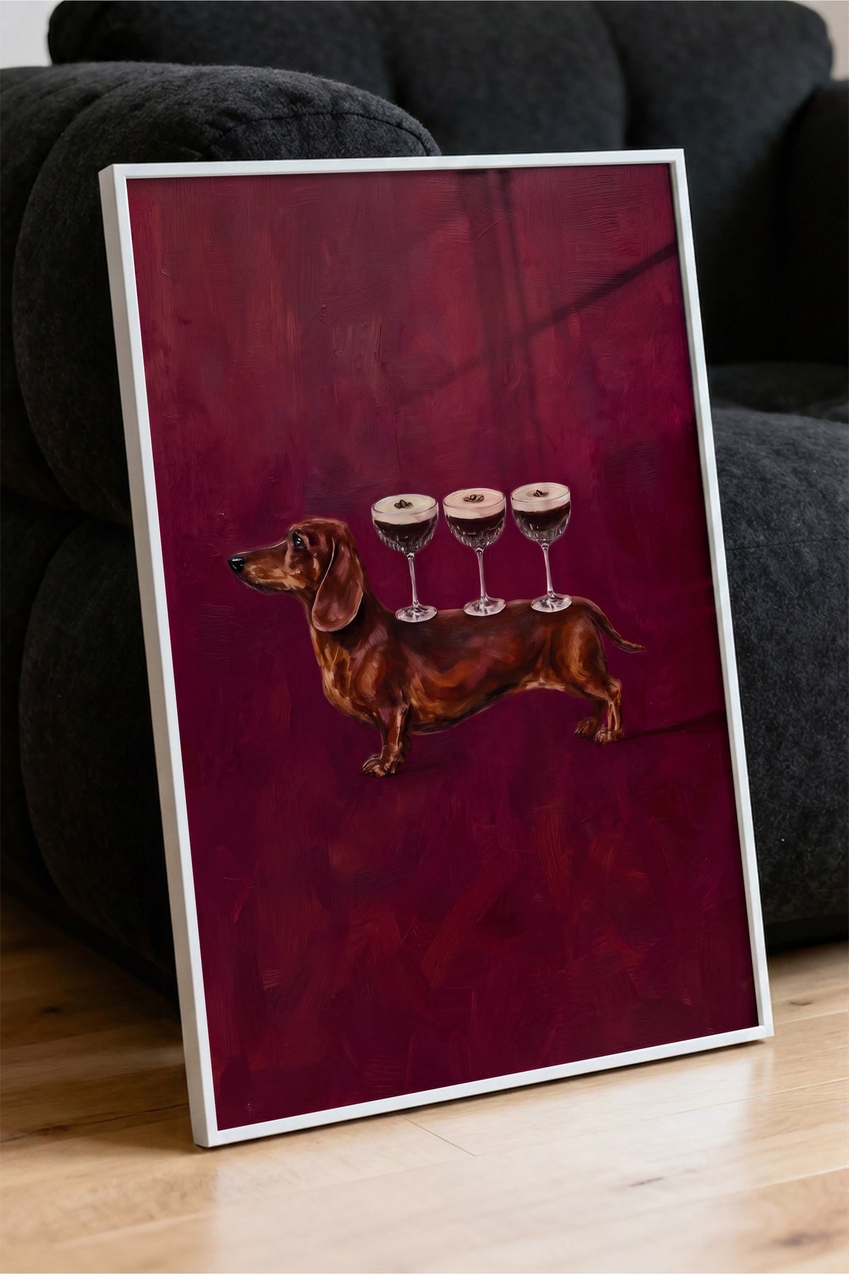 Köpek Üzerinde Bardaklar Poster – Beyaz Çerçeveli Tablo