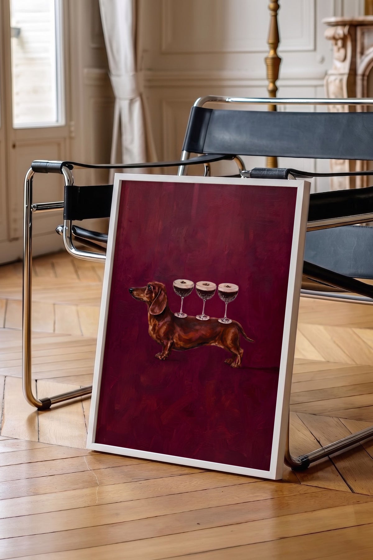 Köpek Üzerinde Bardaklar Poster – Beyaz Çerçeveli Tablo