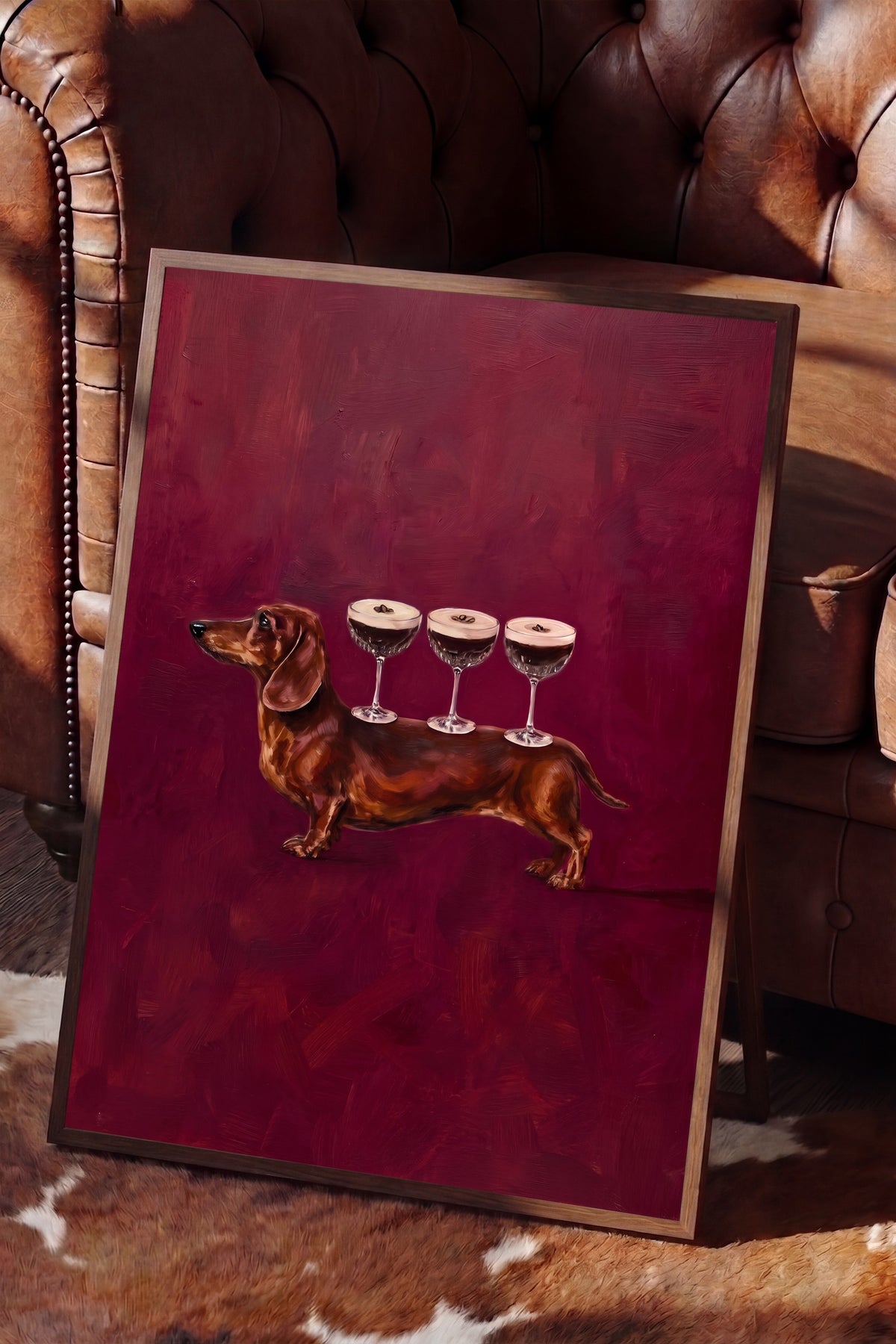 Köpek Üzerinde Bardaklar Poster – Kahverengi Çerçeveli Tablo