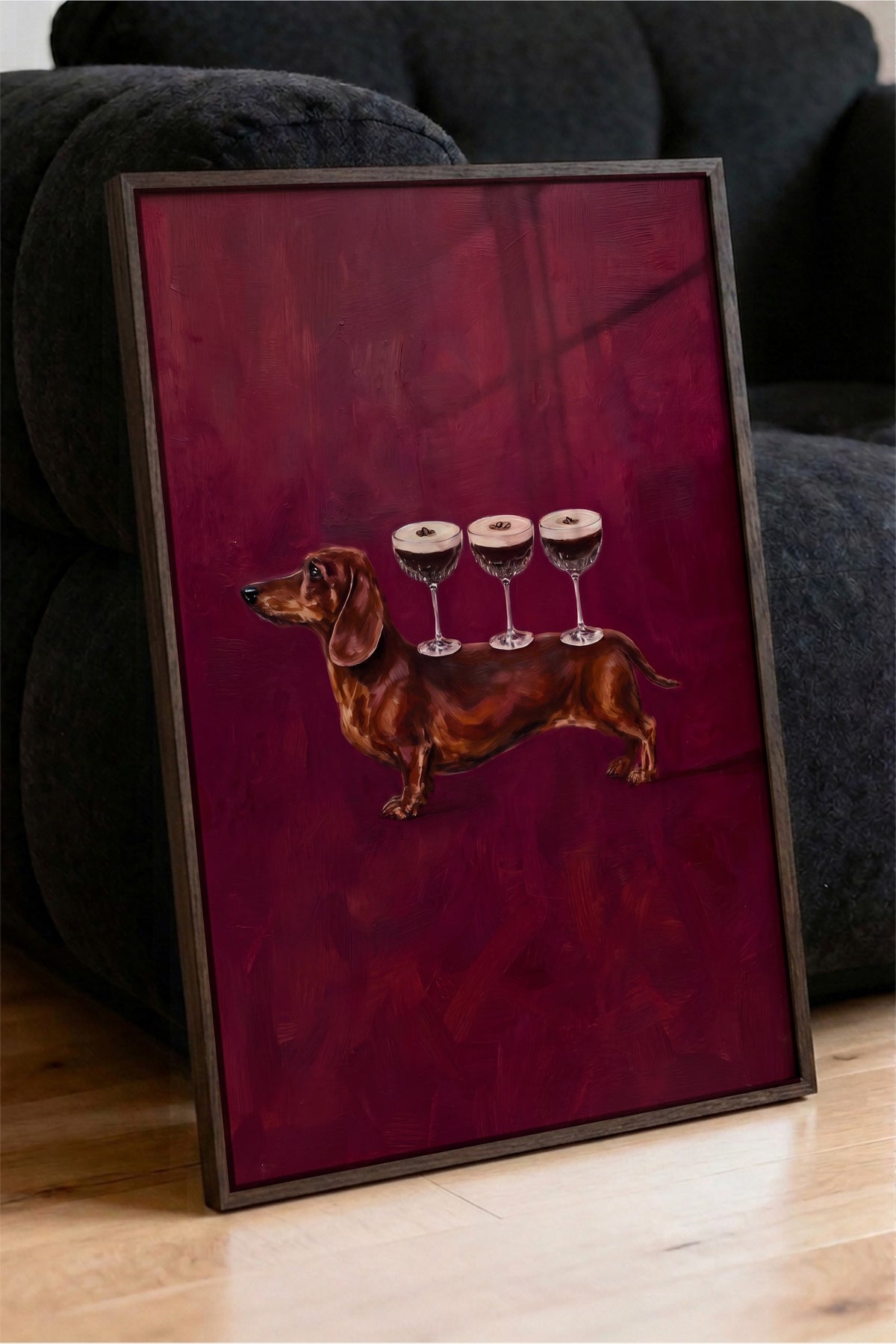 Köpek Üzerinde Bardaklar Poster – Kahverengi Çerçeveli Tablo