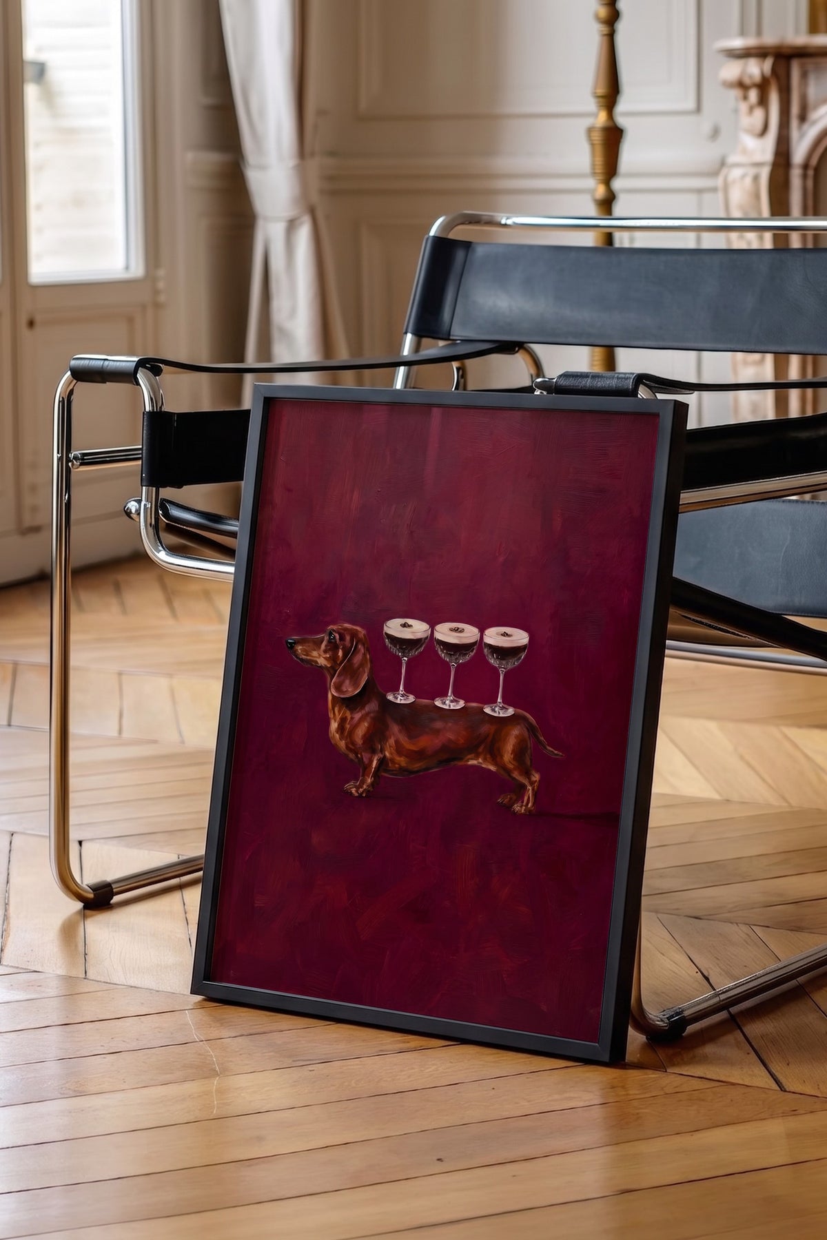 Köpek Üzerinde Bardaklar Poster – Siyah Çerçeveli Tablo