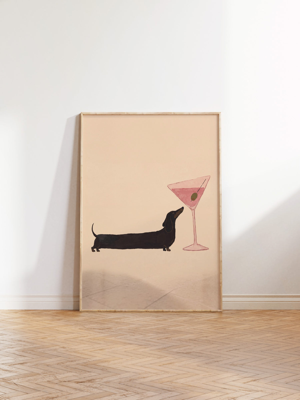 Kokteyl Bardağı ve Köpek Poster – Ahşap Çerçeveli Tablo