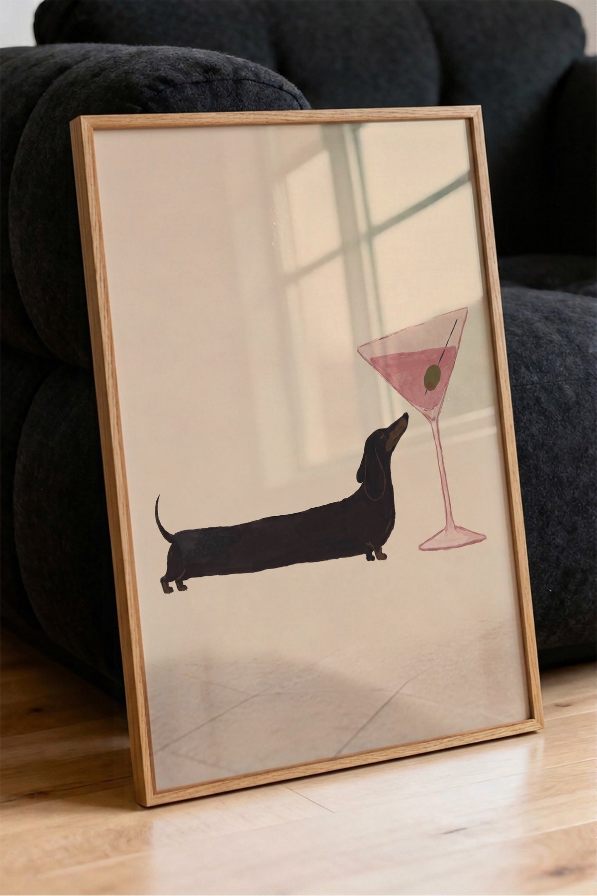 Kokteyl Bardağı ve Köpek Poster – Ahşap Çerçeveli Tablo