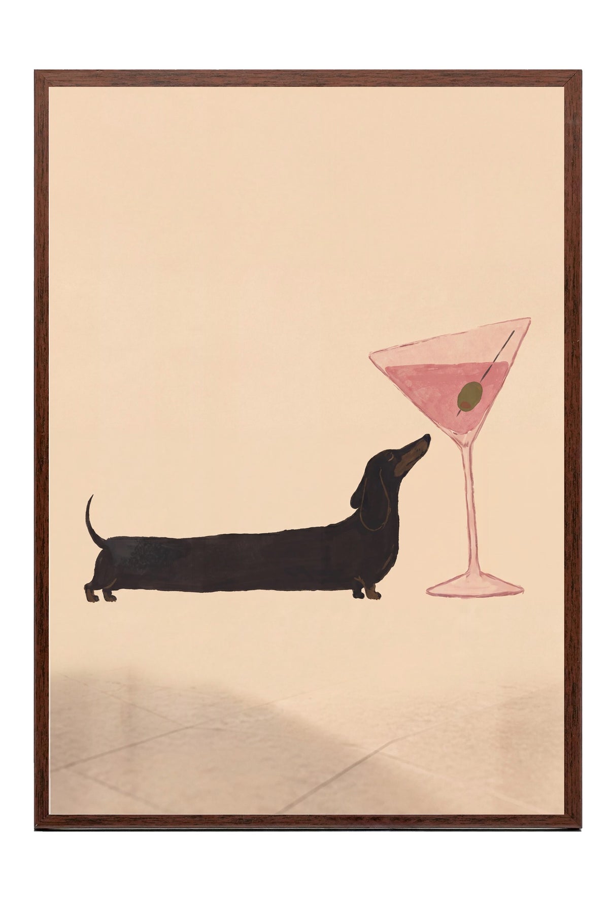 Kokteyl Bardağı ve Köpek Poster – Kahverengi Çerçeveli Tablo