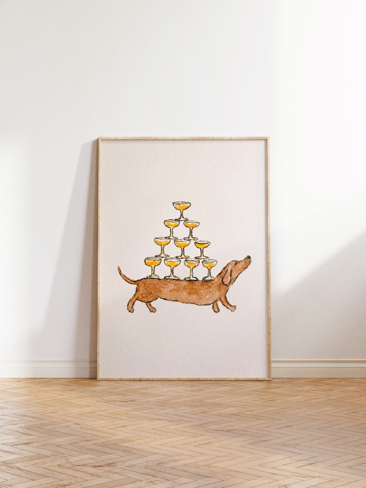 Kadeh Taşıyan Köpek İllüstrasyonu Poster – Ahşap Çerçeveli Tablo