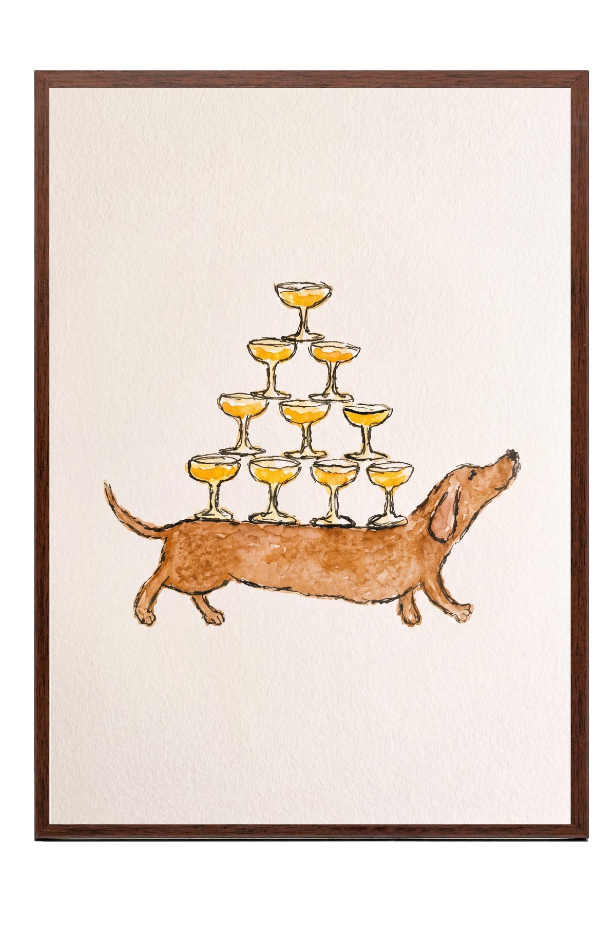 Kadeh Taşıyan Köpek İllüstrasyonu Poster – Kahverengi Çerçeveli Tablo