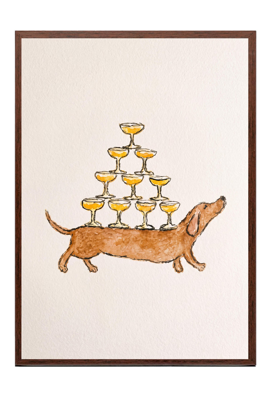 Kadeh Taşıyan Köpek İllüstrasyonu Poster – Kahverengi Çerçeveli Tablo