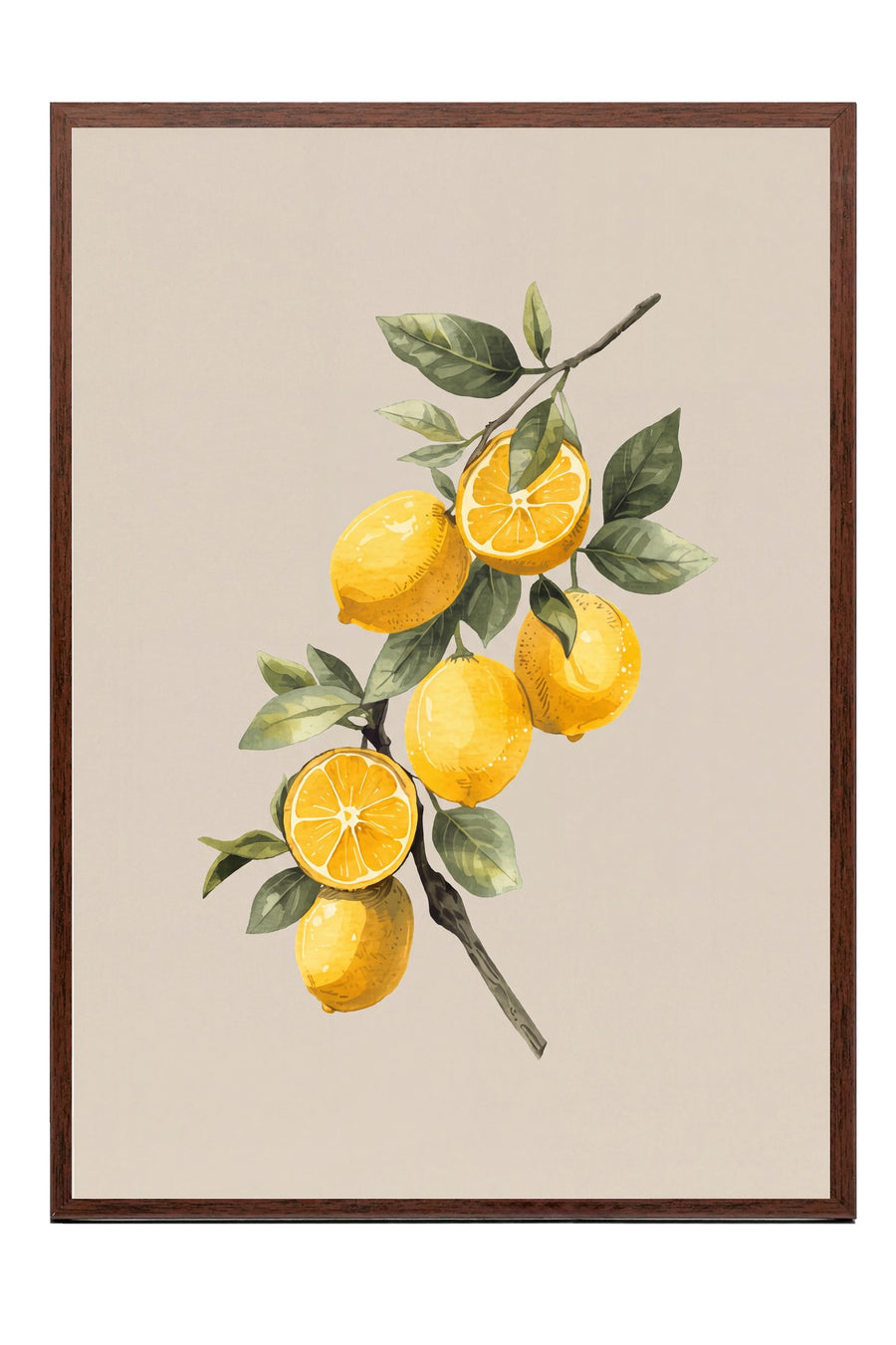Limon Dalı Suluboya Poster – Kahverengi Çerçeveli Tablo