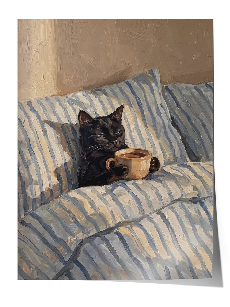 Kahve İçen Kedi Çerçevesiz Poster