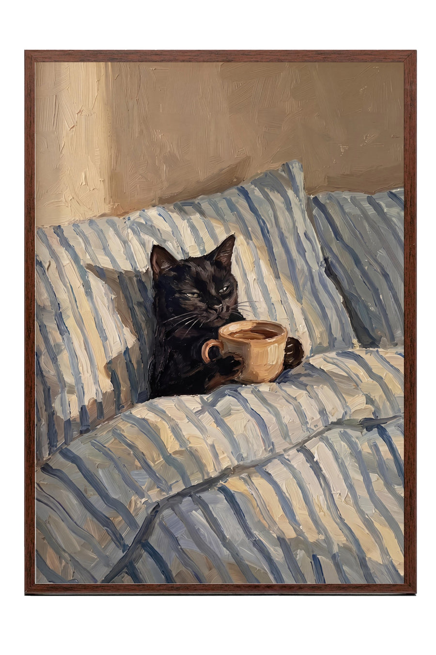 Kahve İçen Kedi Poster – Kahverengi Çerçeveli Tablo