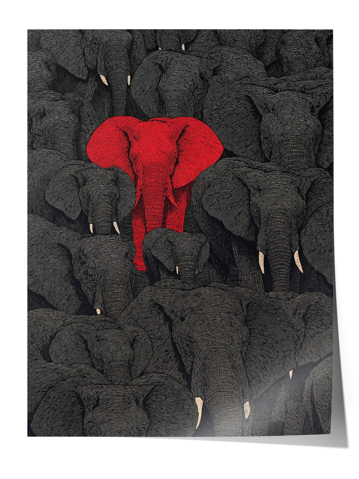 Kırmızı Fil ve Sürüsü Çerçevesiz Poster