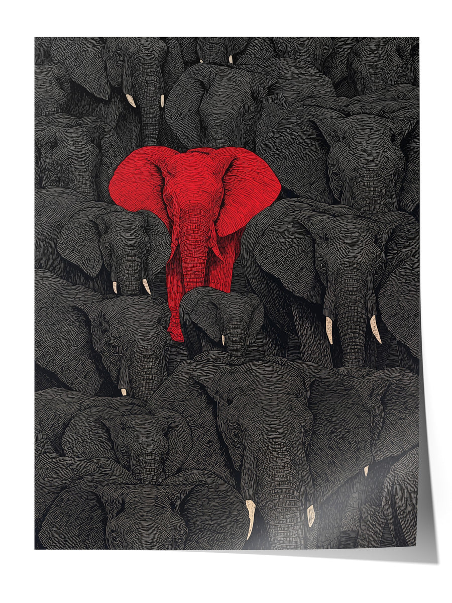 Kırmızı Fil ve Sürüsü Çerçevesiz Poster