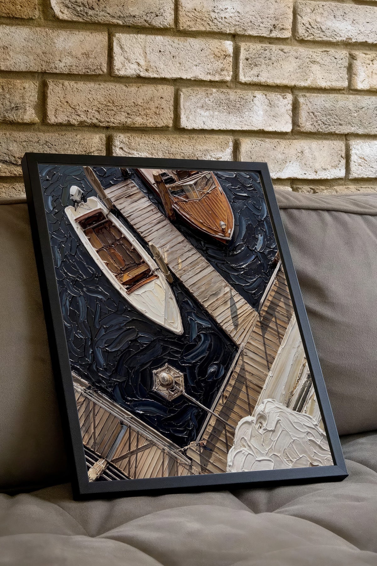 Yağlı Boya Tekne ve İskele Poster – Siyah Çerçeveli Tablo