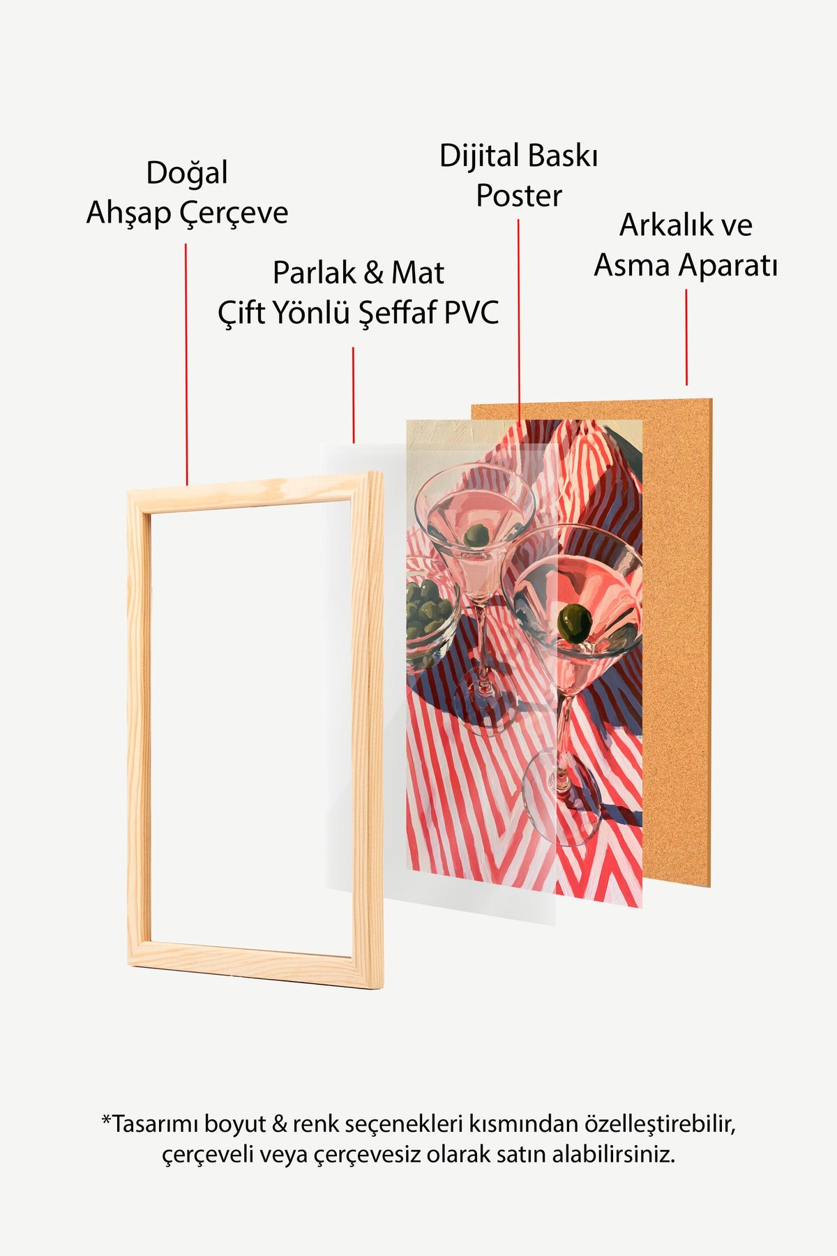 Şeritli Zemin Üzerinde Martini Bardakları Poster – Ahşap Çerçeveli Tablo