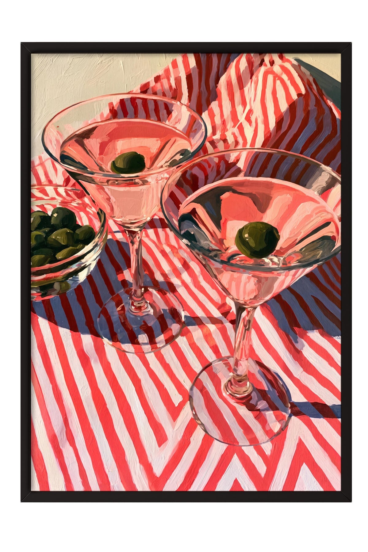 Şeritli Zemin Üzerinde Martini Bardakları Poster – Siyah Çerçeveli Tablo