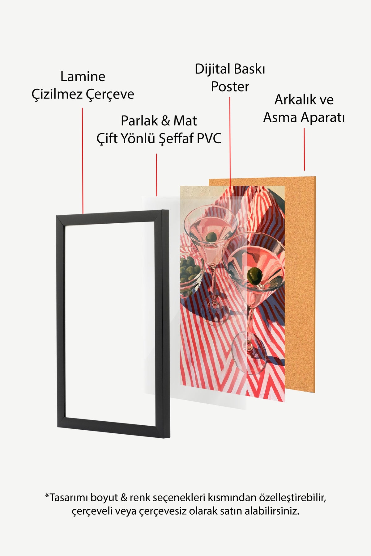 Şeritli Zemin Üzerinde Martini Bardakları Poster – Siyah Çerçeveli Tablo