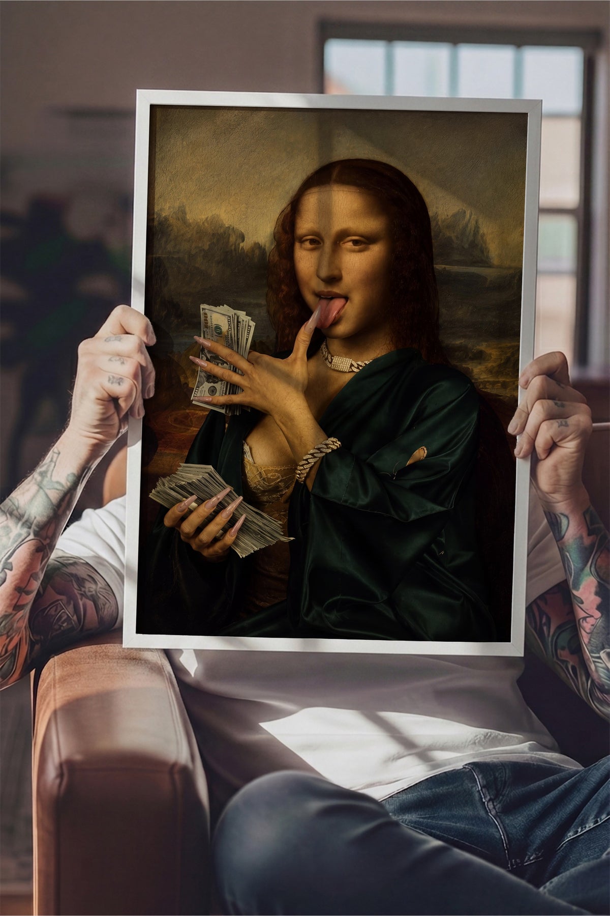 Para ve Mona Lisa Karışımı Poster – Beyaz Çerçeveli Tablo