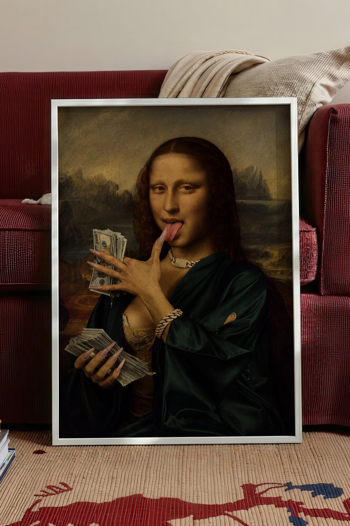 Para ve Mona Lisa Karışımı Poster – Beyaz Çerçeveli Tablo