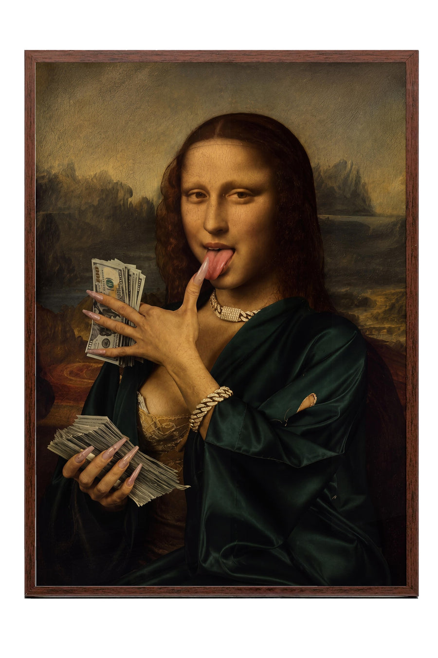 Para ve Mona Lisa Karışımı Poster – Kahverengi Çerçeveli Tablo