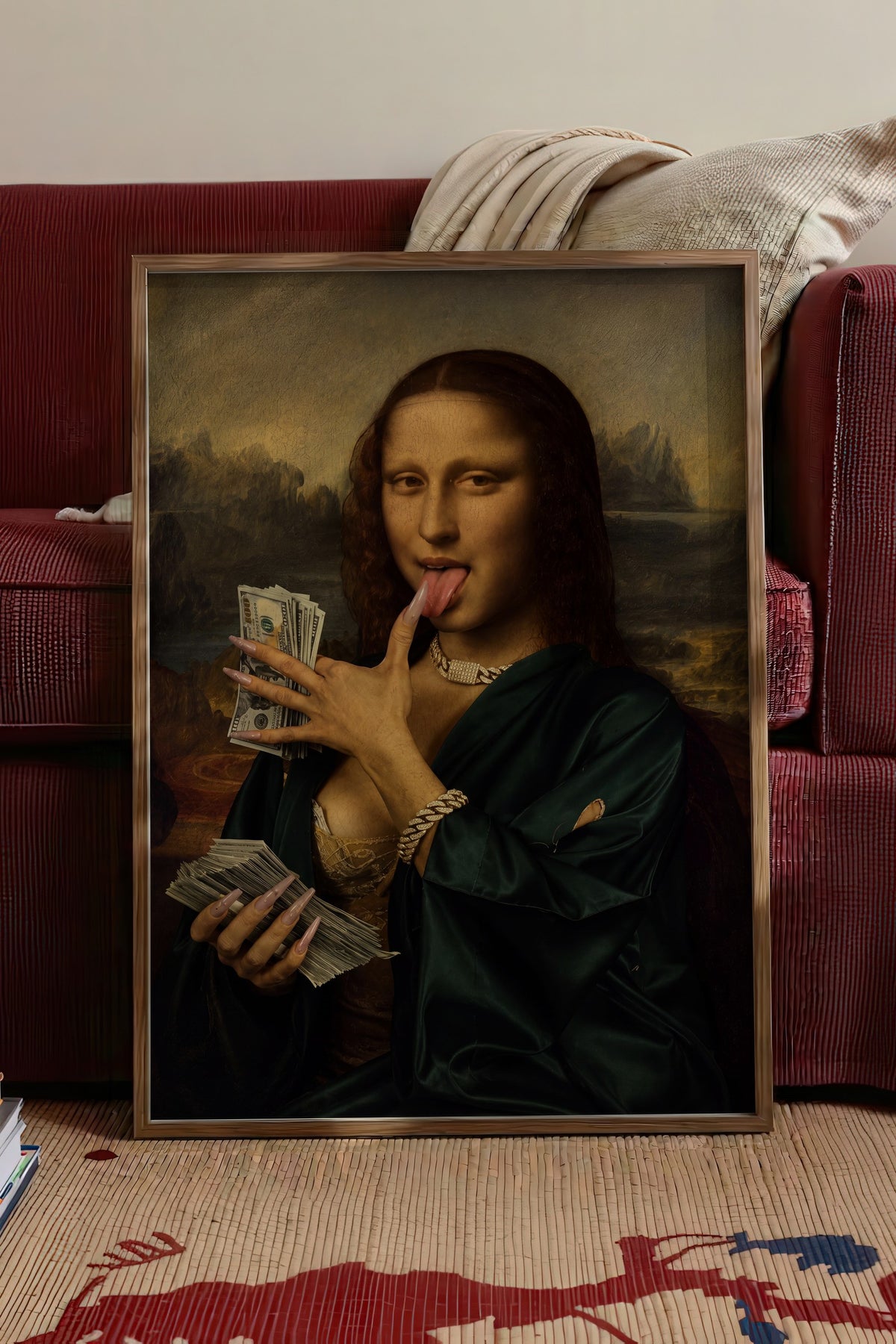 Para ve Mona Lisa Karışımı Poster – Kahverengi Çerçeveli Tablo